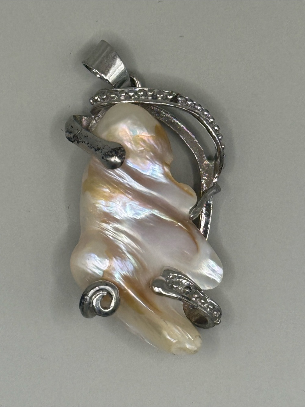 Pearl Iridescent White Baroque Pearl Pendant with Silver Accents